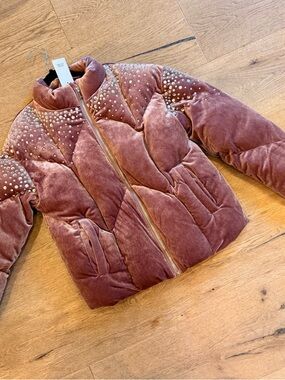 River island Girls pink Velvet Puffer Jacket iDusty Rose rhinestone Studs NWT